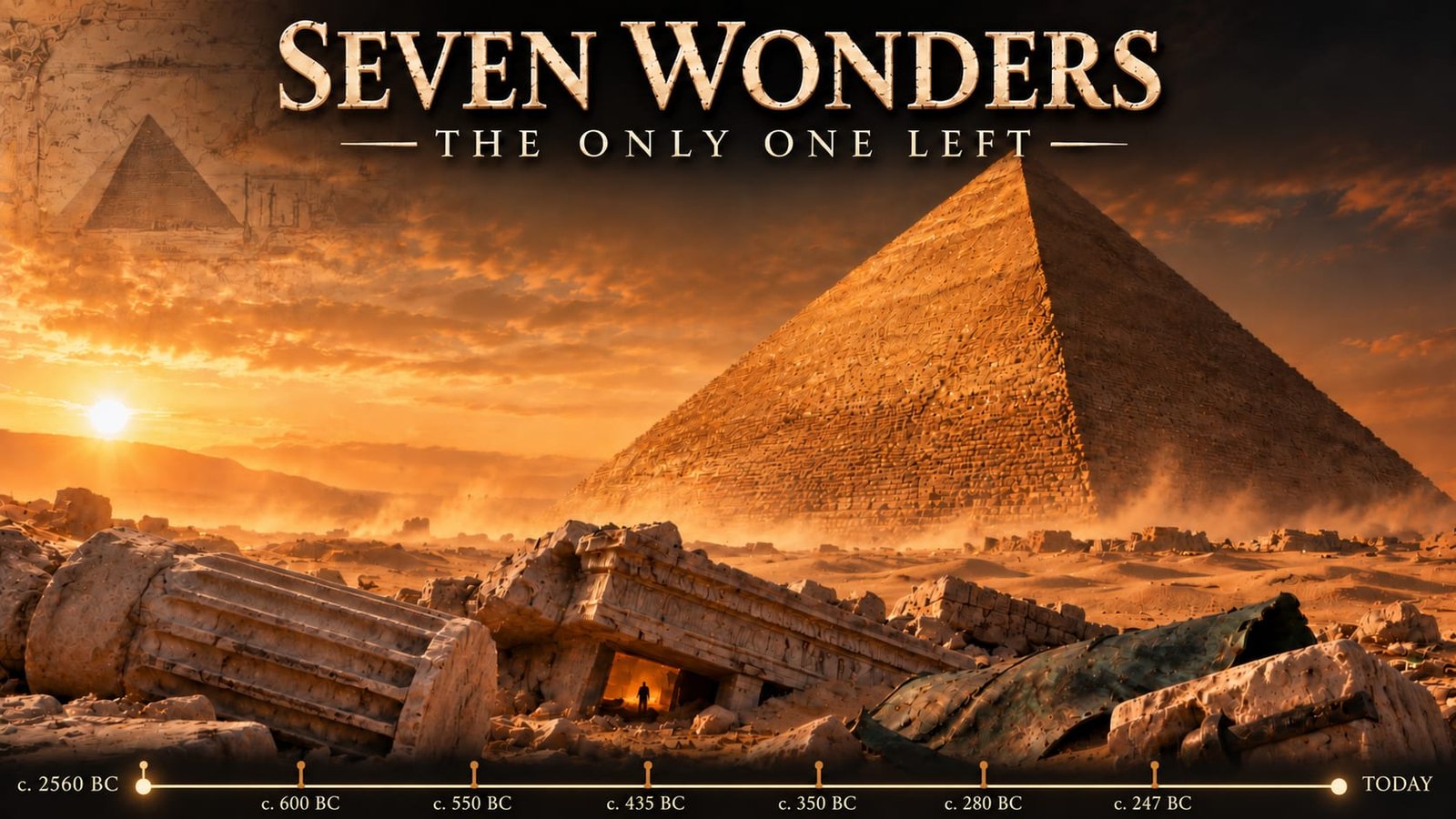 The Great Pyramid standing intact on the horizon while the broken columns, torn bronze plating and carved blocks of the other six wonders lie in the sand around it