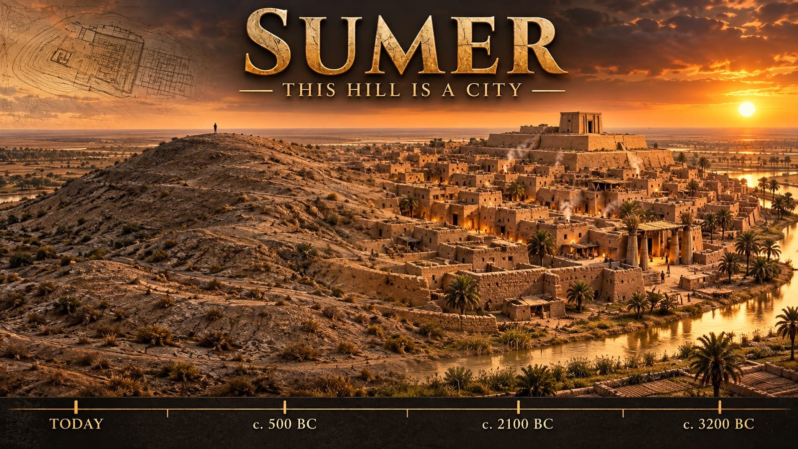On the left a bare, eroded mound with a single figure standing on its summit; on the right the same ground as a living mud-brick city of flat roofs, lamplight and palms, with a temple on a raised terrace and a canal running along its edge
